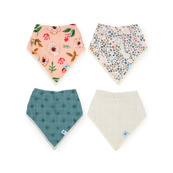 Little Unicorn Cotton Muslin/Fleece Bib 4 Pack in vintage floral, white, teal & cream patterns displayed on a white background.