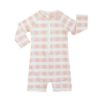 Pink Gingham One Piece Rashguard: pink & white gingham print long sleeve coverall rash guard with zipper front.