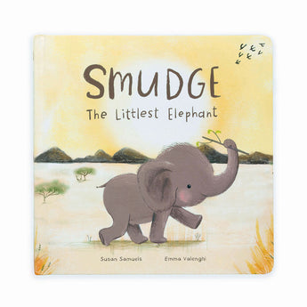 The Jellycat Smudge the Littlest Elephant Book features a small gray elephant named Smudge holding a twig on its charming cover.