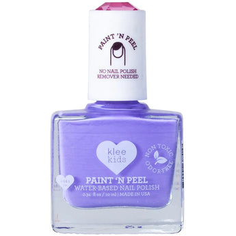 Klee Naturals Kids Water-Based Peelable Nail Polish is purple, non-toxic, kid-friendly, made in the USA with a white cap.