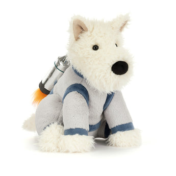 Jellycat Munro Scottie Dog Space Outfit plush dons a gray suit with blue trim and jetpack, ready for blastoff on white background.