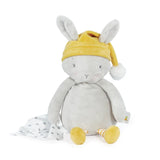 Plush, Sleepy Bloom Bunny: gray bunny stuffed animal with yellow hat and legs, and white & gray polka dot blanket.