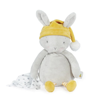 Plush, Sleepy Bloom Bunny: gray bunny stuffed animal with yellow hat and legs, and white & gray polka dot blanket.