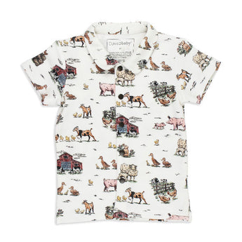 Organic Tee, Farm Friends: white button down shirt with farm animal & barn pattern; made of 100% organic cotton.