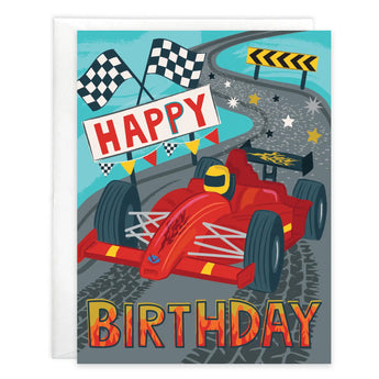 A red race car on a track with Happy Birthday text, featured on a Birthday Card, Racetime.