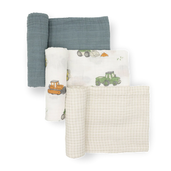 Little Unicorn Cotton Swaddle Set, Work Trucks: 3 cotton muslins—solid blue, tractors, beige check—displayed on white background.