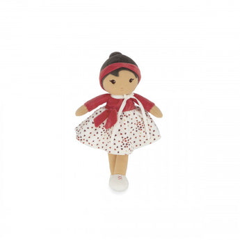 Tendresse, Emilie Doll Large, a soft fabric doll wearing a red top, a white skirt with red hearts, and a matching red headband.