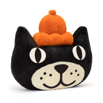 Jellycat Giant Head plush by Jellycat features an ink-black cat face with an orange beret and wide eyes, on a white background.