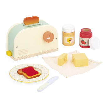 Janod Juratoys Breakfast Toaster set with two slices of bread, a plate, knife, and two jars of spread for pretend play.