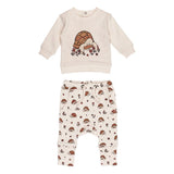 Organic Sweatshirt & Jogger Set, Tiny Tortoise: beige sweatshirt with tortoise illustration, and beige joggers with tortoise & flower print.
