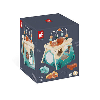 Dino Multi-activity volcano: dark gray box with photo of blue, tan, & brown wood volcano toy and wood dinosaur figures.