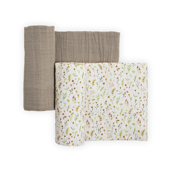 Two Little Unicorn Organic Cotton Muslin Swaddles—gray and floral—folded neatly on a white background.