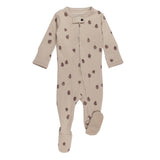 Organic Zipper Footie, Oatmeal Pinecone: tan footie pajamas with pinecone pattern and front zipper.