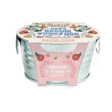 Buzzy Seeds Mini Galvanized Basin Grow Kit features a floral metal bucket with Lets Bloom Together and moss rose instructions.