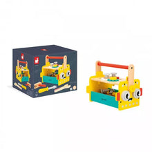 Load image into Gallery viewer, Brico'kids DIY Robot Tool Box: dark gray box with picture of yellow, blue, tan, & red wood toolbox and tools; toolbox sits nearby.