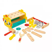 Load image into Gallery viewer, Brico'kids DIY Robot Tool Box is deconstructed with all tools laid flat in front of it.