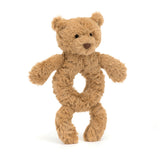 Bartholomew Bear Ring Rattle by Jellycat is a plush teddy bear rattle with a circular hole, shown upright on a white background.
