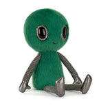 Jellycat Zyllan Alien: a green plush with big black eyes, silver bendy limbs, and a little smile, sits upright.
