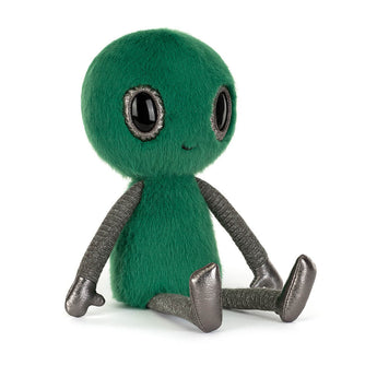 Jellycat Zyllan Alien: a green plush with big black eyes, silver bendy limbs, and a little smile, sits upright.