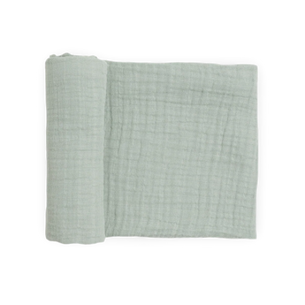 Little Unicorn Organic Cotton Muslin Swaddle in White Sage, OEKO-TEX certified, partially unrolled on a white background.