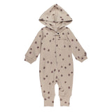 Organic Zipper Romper, Oatmeal Pinecone: tan romper with pinecone pattern, hood, and front zipper.