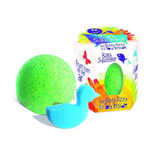 Load image into Gallery viewer, The Bath Squiggler Fizz & Toy by Loot Toys offers a green sponge and a fruity-scented ball for a delightful bath time.