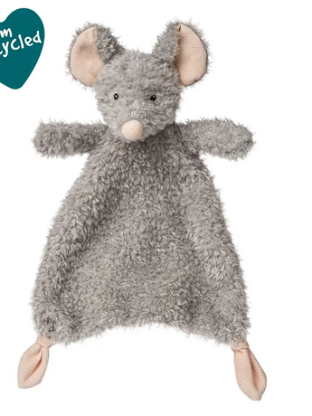 Mary Meyer Again Friends Mouse Lovey: a plush, eco-friendly gray mouse with big ears and pink nose, made from recycled plastics.