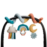 Itzy Ritzy Spiral Activity Toy, Rainbow, wraps around any black bar and features a cloud, rainbow rings, moon, sun & hanging mirror.
