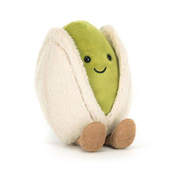 Jellycat Amuseables Horatio Pistachio: a plush toy with a green center, beige shell, and brown feet, sitting upright.