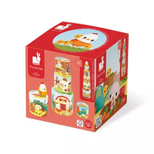 Load image into Gallery viewer, My First Pyramid: red box with picture of stacking cylinder toys with illustrations of chickens and bunnies.