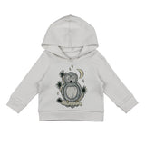 Front view of Organic Hoodie, Owl Hoo?: gray raglan hoodie made of 100% cotton with an owl illustration.
