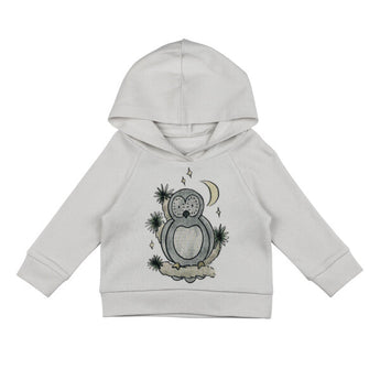 Front view of Organic Hoodie, Owl Hoo?: gray raglan hoodie made of 100% cotton with an owl illustration.