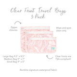 Infographic of Bumkins Clear Travel Bag 3-Pack: Bumkins signature waterproof fabric, clear fronts are TSA-compliant, zipper closures.