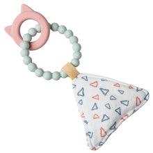 Load image into Gallery viewer, Mary Meyers Simply Silicone Soft Squeaker, Kitty: A teether with blue beads, a pink cat-ear ring, and a plush triangle in fun patterns.