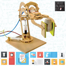 Load image into Gallery viewer, The Make A Robotic Arm Kit by Copernicus Toys offers hands-on learning with a syringe mechanism and hydraulic principles on a stand.