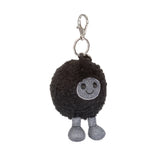 Jellycat Bag Charm Amuseables Black Hole: round, black, fluffy plush with gray smiley face, gray legs & metal clasp.