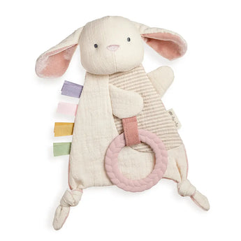 Itzy Ritzy Sensory Toy w/ Teether, Bunny: plush with pastel tags, knots, & pink teething ring—ideal for soothing babies.