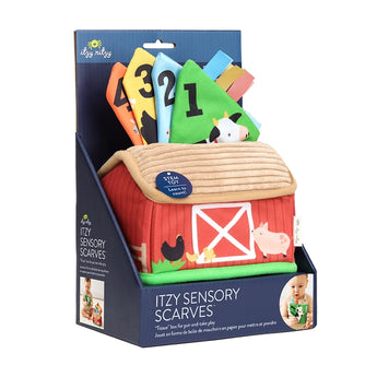 Itzy Ritzy Itzy Sensory Scarves: barn-themed sensory toy set for baby motor skills, packed in a blue display box.