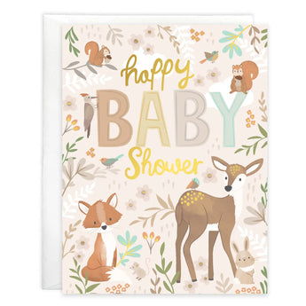 Gina B Designs Baby Card, Forest Animals features a fox, deer, rabbit, and squirrels with gold foil and showering you and baby text.