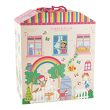The Rainbow Fairy Playhouse by Floss and Rock is a house-shaped toy box with colorful drawings of children, animals, and a vivid rainbow.