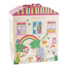 Load image into Gallery viewer, The Rainbow Fairy Playhouse by Floss and Rock is a house-shaped toy box with colorful drawings of children, animals, and a vivid rainbow.