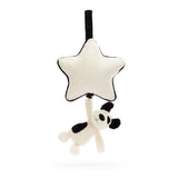 Jellycat Musical Pull Black & Cream Puppy with star, black hanging strap—a sweet lullaby accessory for little ones.