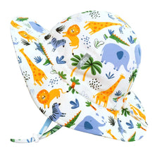 Load image into Gallery viewer, Sun Hat, Safari: white sun hat with colorful jungle animal design, wide brim & adjustable drawstring head & chin strap; 50+ UPF cotton.