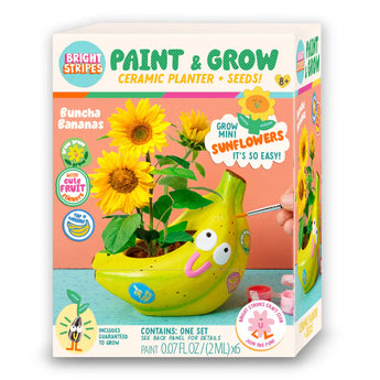 Paint & Grow, Banana: box with photo of planter, flowers, & hand with brush. Bright Stripes logo, text "Paint & Grow Ceramic Planter + Seeds!"