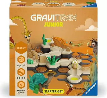 GraviTrax Junior, Desert Starter: brown box with photo of desert themed tile toys; text "Gravitrax Junior Starter-Set."