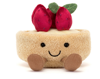 Jellycat Amuseables Fleurette Tarte Aux: a cute plush pie with strawberries, green leaves, and corduroy feet in Jellycat style!.