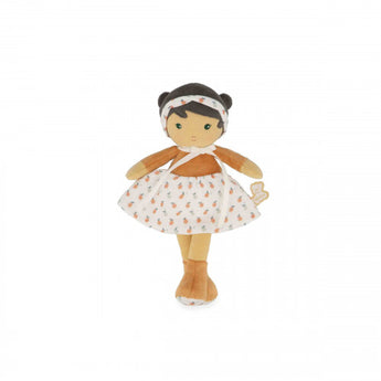 Janod Juratoys Tendresse Eloise doll with dark hair, a headband, long-sleeved orange shirt, and a white skirt with a small fruit pattern.