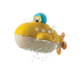 PlanToys Wooden Submarine Bath Toy in yellow and blue, with a propeller and cute face, glistens with water droplets.