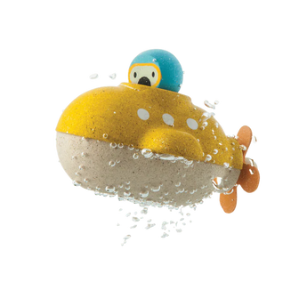 PlanToys Wooden Submarine Bath Toy in yellow and blue, with a propeller and cute face, glistens with water droplets.