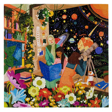 Load image into Gallery viewer, Three astronomers engage over a book and telescope in a vibrant room for the Bookstore Astronomers by Eeboo 500-piece puzzle.